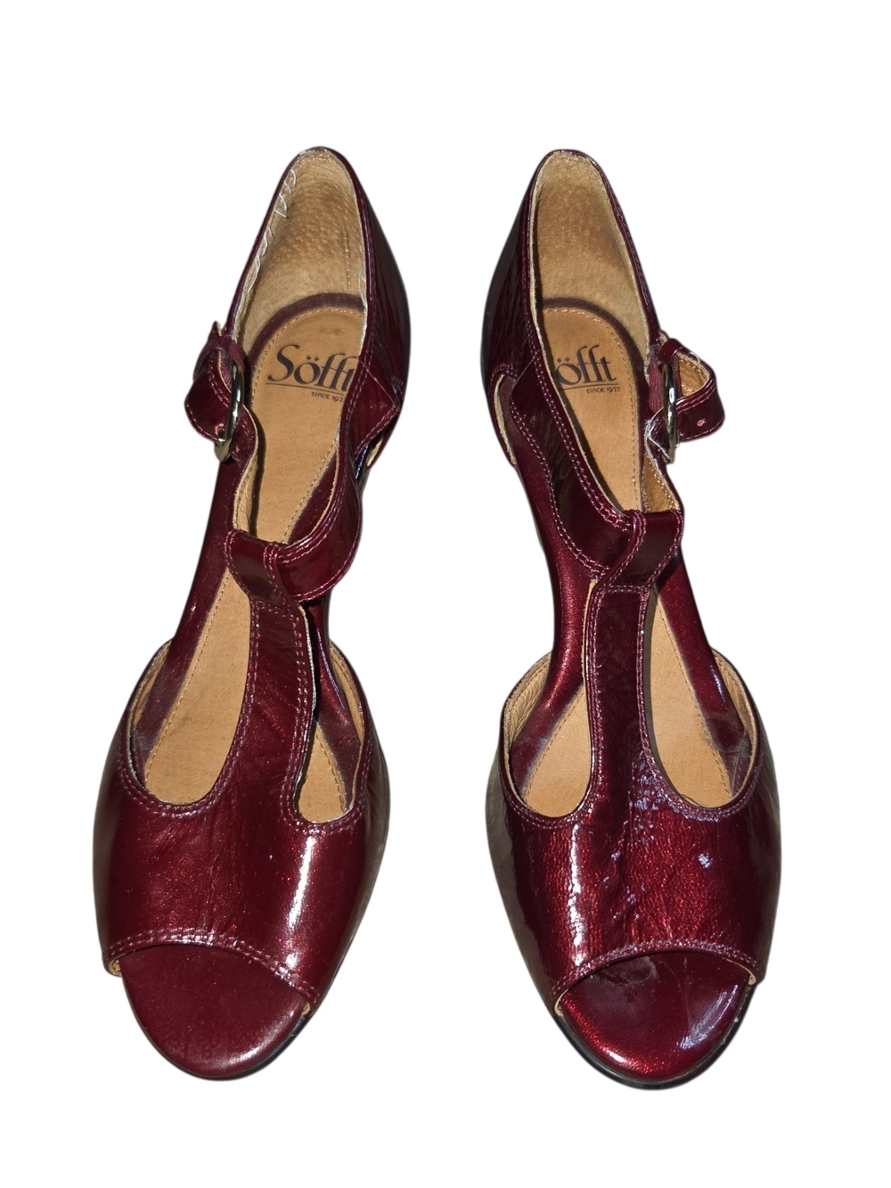 Sofft Burgundy T-Strap Peep-Toe Heels - Picture 10 of 10